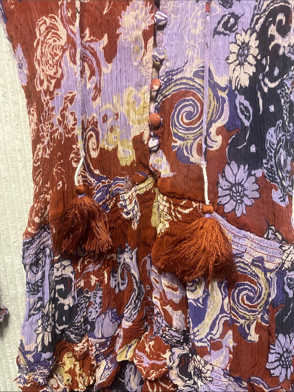 Anthropologie Rust and Lavender Mixed-Print Tiered Long-Sleeve Dress Small - Picture 8 of 10